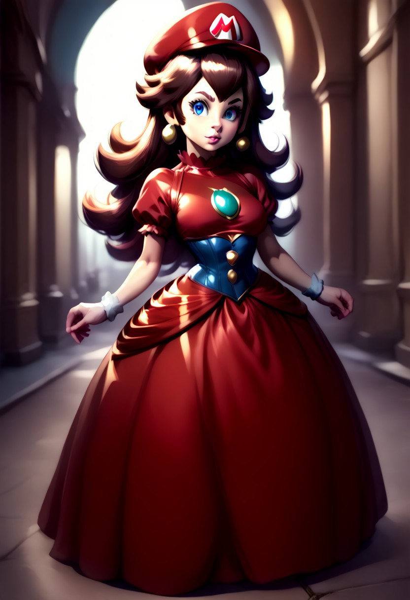 <lora:MtF_Genderswap:1>, genderswap \(mtf\), Mario, facing forward, mario hat, adult woman, extremely large nose, extremely bulbous nose, very wide face, circular head shape, wide chin, wide jawline, brown hair, lightly curly hair, blue eyes, average bust, wide hips, super crown, princess dress, red dress with blue accents, style-princess, underbust corset, fully clothed, zPDXL, score_9, score_8_up, score_7_up, score_6_up, score_5_up, score_4_up,
full body render, full body, photorealistic image, realistic image, high quality, detailed face, realistic human proportions, detailed clothes,