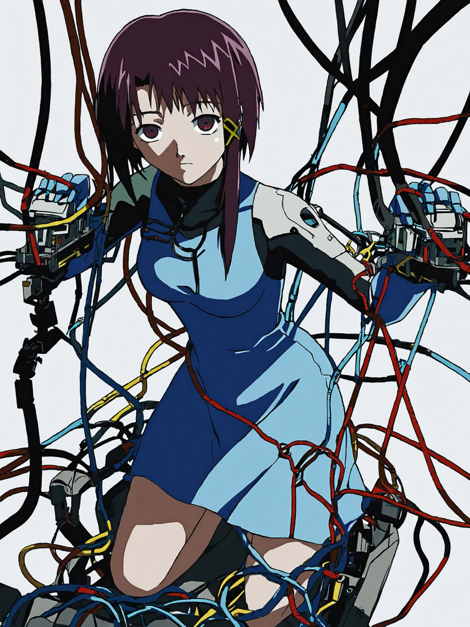 woman, 20 year old, 20 year old woman, adult, score_9, BREAK masterpiece, high quality, white background, <lora:Iwakura_Lain_PS_PDXLv0-e50:0.7> 1girl, iwakura lain ps, looking looking at viewer, medium breasts, long sleeve light blue dress, barefoot, cyborg, cable, wire, 1boy,