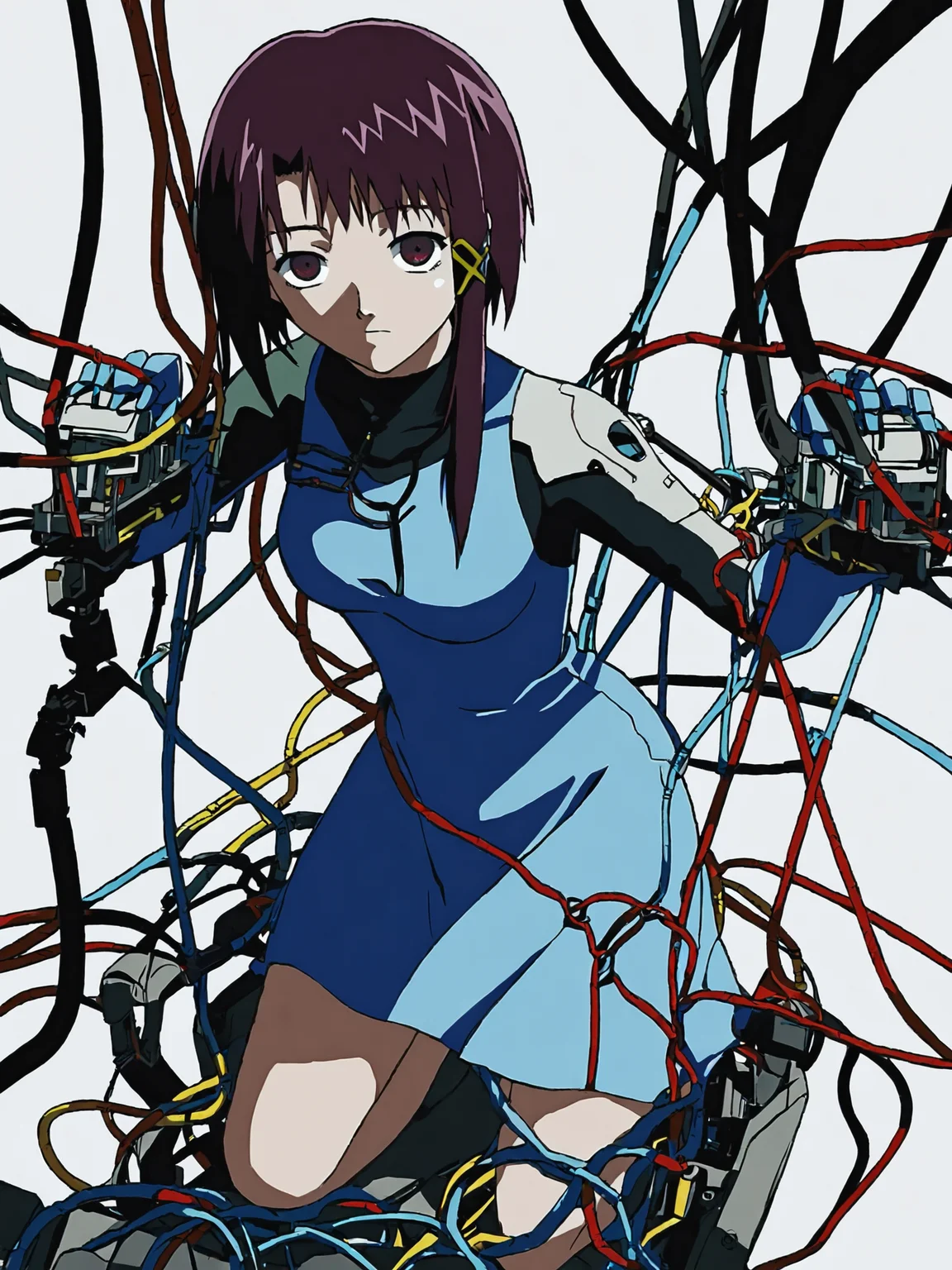 woman, 20 year old, 20 year old woman, adult, score_9, BREAK masterpiece, high quality, white background, <lora:Iwakura_Lain_PS_PDXLv0-e50:0.7> 1girl, iwakura lain ps, looking looking at viewer, medium breasts, long sleeve light blue dress, barefoot, cyborg, cable, wire, 1boy,