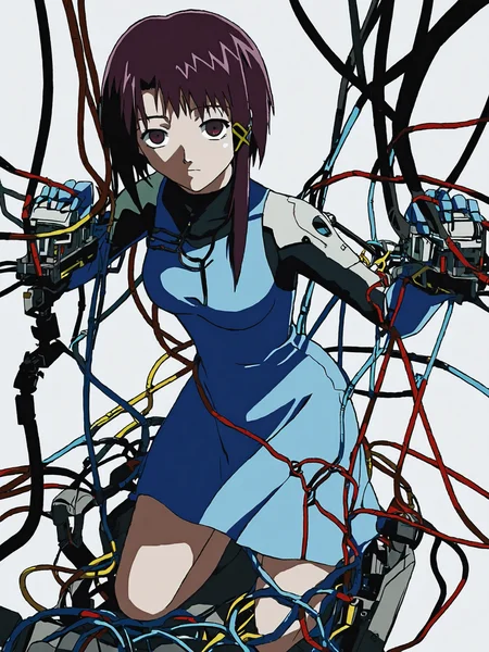 woman, 20 year old, 20 year old woman, adult, score_9, BREAK masterpiece, high quality, white background, <lora:Iwakura_Lain_PS_PDXLv0-e50:0.7> 1girl, iwakura lain ps, looking looking at viewer, medium breasts, long sleeve light blue dress, barefoot, cyborg, cable, wire, 1boy,