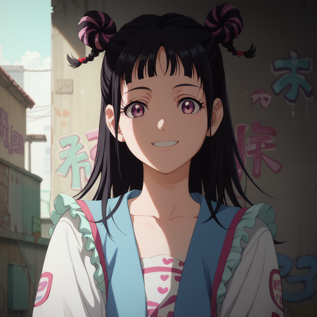 <lora:SlimesMahoro:1>, score_9, score_8_up, score_7_up, slimes_mahoro, woman, solo, portrait, black hair, graffiti alley background, looking at viewer, smiling