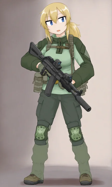 Vesna, blond, blue eyes, ponytail hair, combat shirt, green tactical pants, green knee pads, loose green gaiters, gloves, brown shoes, tactical gear, holding assault rifle