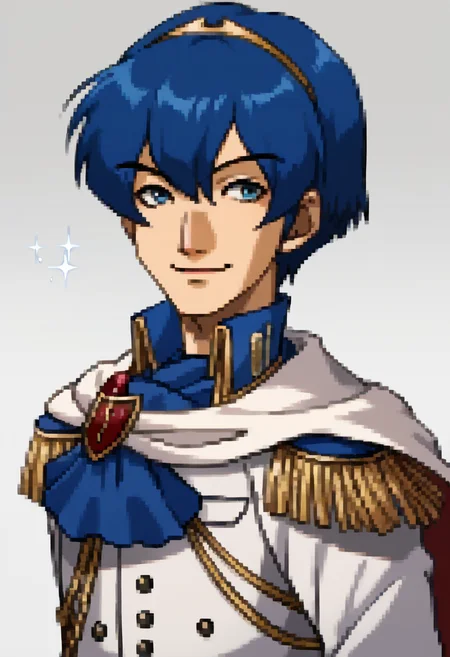 score_9, score_8_up, score_7_up, source_anime, BREAK, solo, 1boy, <lora:Marth-pdxl_Fp:1>, marthwed, blue hair, blue eyes, short hair, tiara, white suit, white gloves, epaulettes, formal, white cape, <lora:P2-Protraits-pdxl_Fp:1>, portrait, simple background, smile