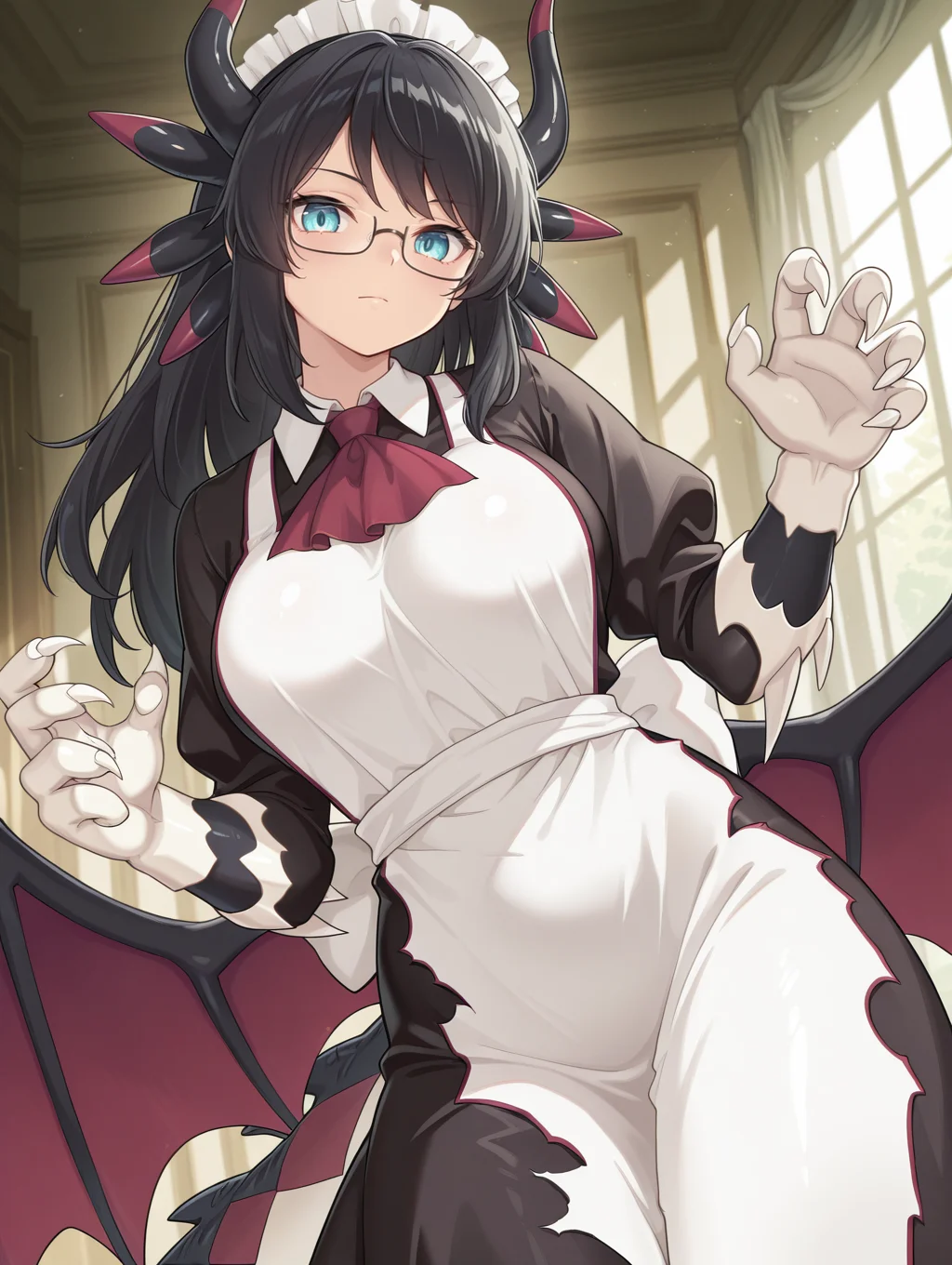 transformation, dragon girl, house dragonmaid, hair down, 1girl, black under-rim eyewear, solo, claws, dragon hands, looking at viewer, large breasts, closed mouth, cowboy shot, red ascot, black maid dress, dragon wings, indoors
masterpiece,best quality,amazing quality,very aesthetic,absurdres,newest,<lora:House dragonmaid illuXL v1:0.75>,