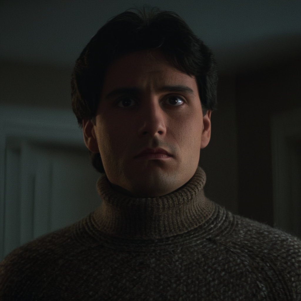 Horror-themed,  <lora:Fright Night 1985 style v2:0.9>
In the 1980's Cinematic low angle Medium Shot,Film Footage captured by Panavision Cameras and Lenses,Jerry Dandrige a cute looking man in a turtle neck sweater looks at the camera with innocent look on his face Fright Night 1985 Film Style,solo,black hair,1boy,brown eyes,closed mouth,male focus,black eyes,sweater,turtleneck,portrait,realistic , horror themed, dark themed, low key light, dramatic light, dramatic shadow light, contrast, cinematic color, cinematic look, filmic, realistic, realism, perfection, perfect, Kodak, Kodak film, movie still, Fright Night 1985 style, Fright Night Film style, Eerie, unsettling, dark, spooky, suspenseful, grim, highly detailed