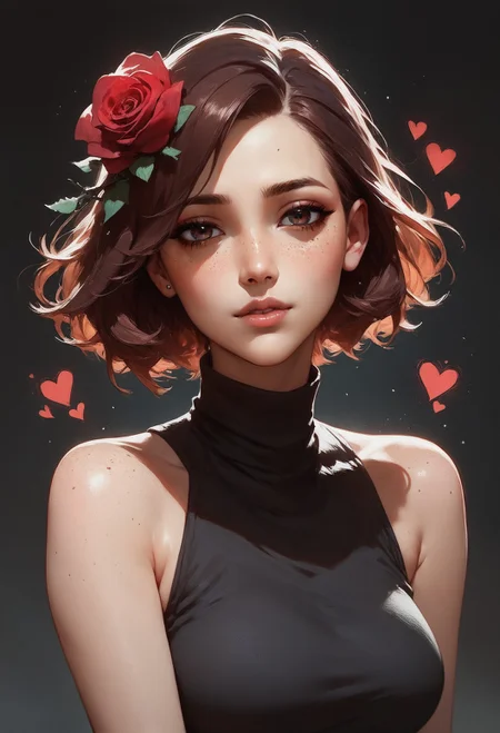 (score_9, score_8_up:1.1), score_7_up, 1girl, solo, expressive, hearts, dynamic, brown hair, short hair, brown eyes, pale skin girl, pale skin, freckles, turtleneck, bare shoulders, blush, red rose in hair, looking_longingly, seductive, sexy_woman, black background <lora:sdxl/pony_twilight_style:0.8> <lora:sdxl/Expressive_H-000001:0.8>
