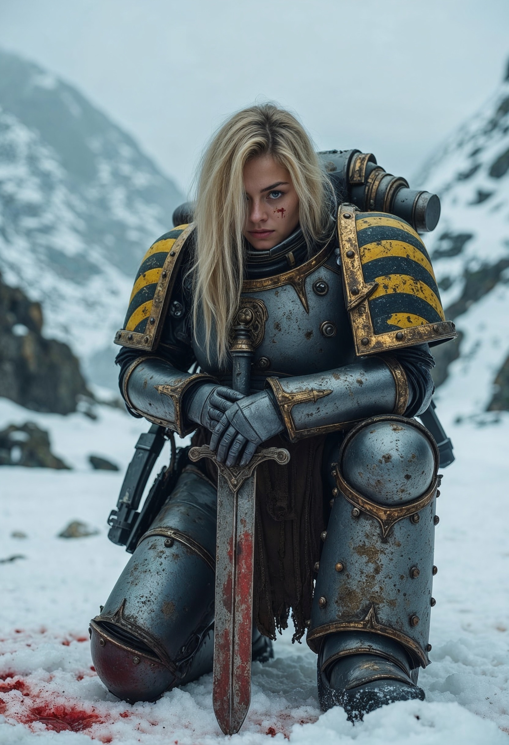 An atmospheric and powerful dark fantasy image, ultra realistic cinematic photo of a beautiful female IronW40k space marine dressed in intricate power armor. She is on one knee with her head down and her dirty blonde hair falls over her face. She holds a detailed sword. There is blood in the snow around her from a fallen enemy. Cinematic shot in a snowy mountainous region.