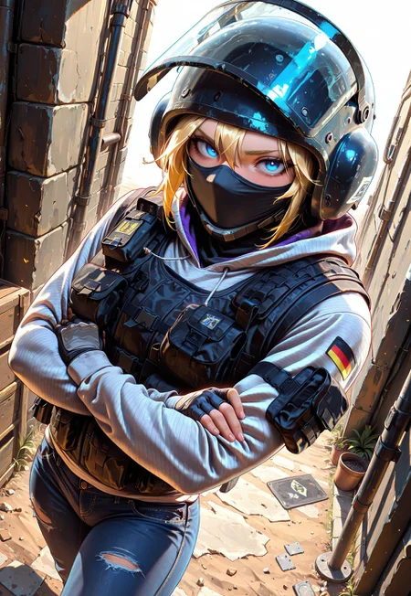 lazypos, masterpiece, best quality, dynamic angle, 1girl, solo, iqr6s, blonde hair, helmet, balaclava, face shield, bulletproof vest, blue eyes, hoodie, jeans, fingerless gloves, arms crossed, looking at viewer,