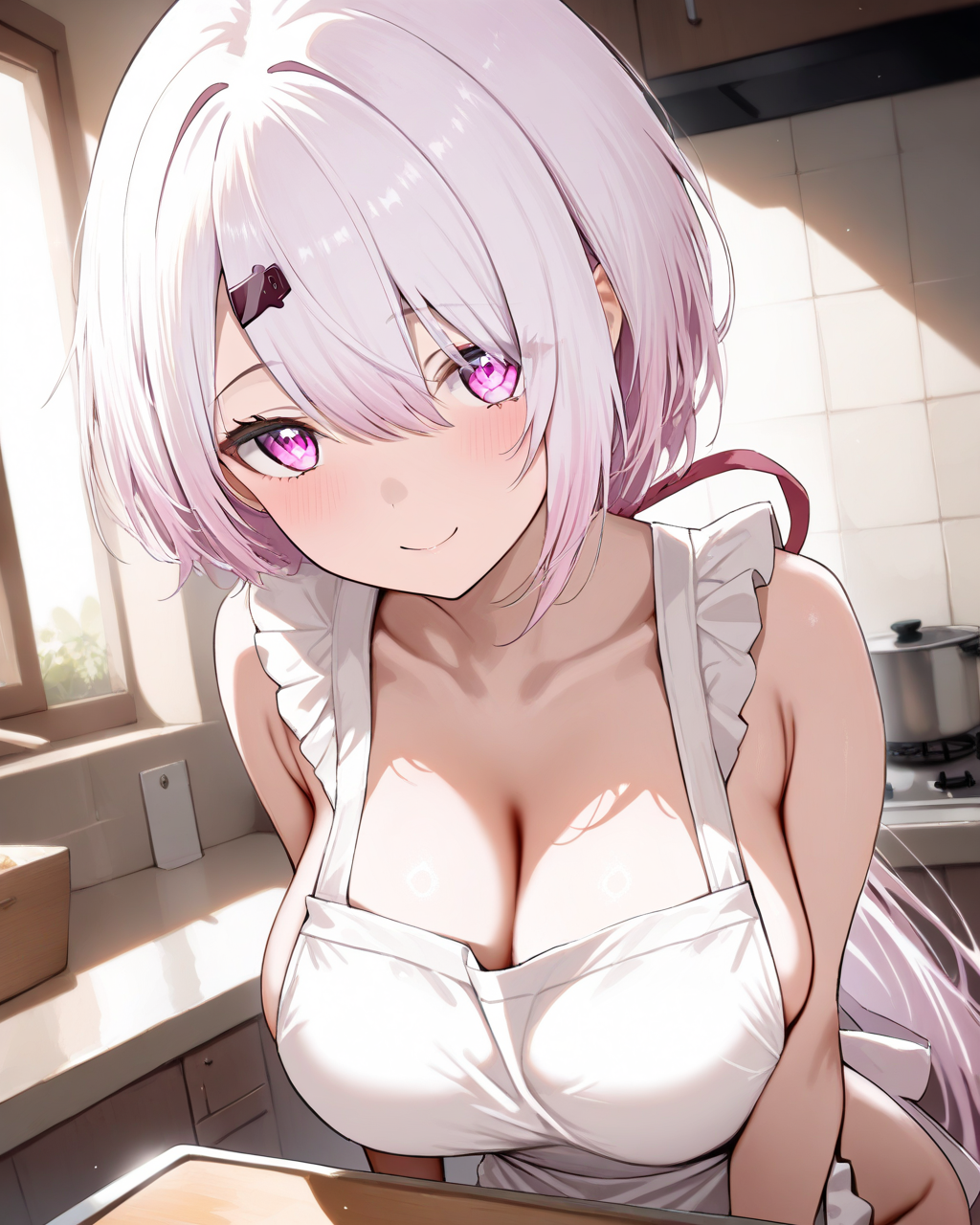 1girl,
ShiinaYuikaNijisanji,
sensitive, dynamic angle, upper body, 
low ponytail, hair ribbon, hair ornament,
beautiful eyes, looking at viewer,
smile,
naked apron, large breasts,
kitchen,
depth of field,
<lora:kp_ShiinaYuikaNijisanji1stCostumeAnimagineXL_v1_1:1.0>,
masterpiece, high score, great score, absurdres