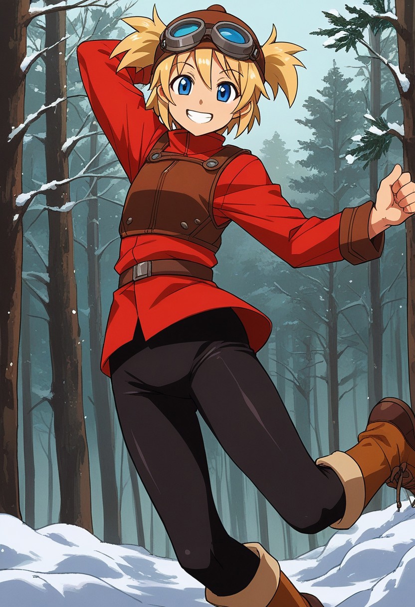 score_9, score_7_up, source_anime, BREAK solo, Pratty, blue eyes, short hair, light blonde, short twintails, hair through headwear, goggles, brown headwear, red shirt, short over long sleeves, black long sleeves, red skirt, black pantyhose, leather breastplate, brown footwear, smile, cold forest, taiga, snow, stretching, flashing smile,