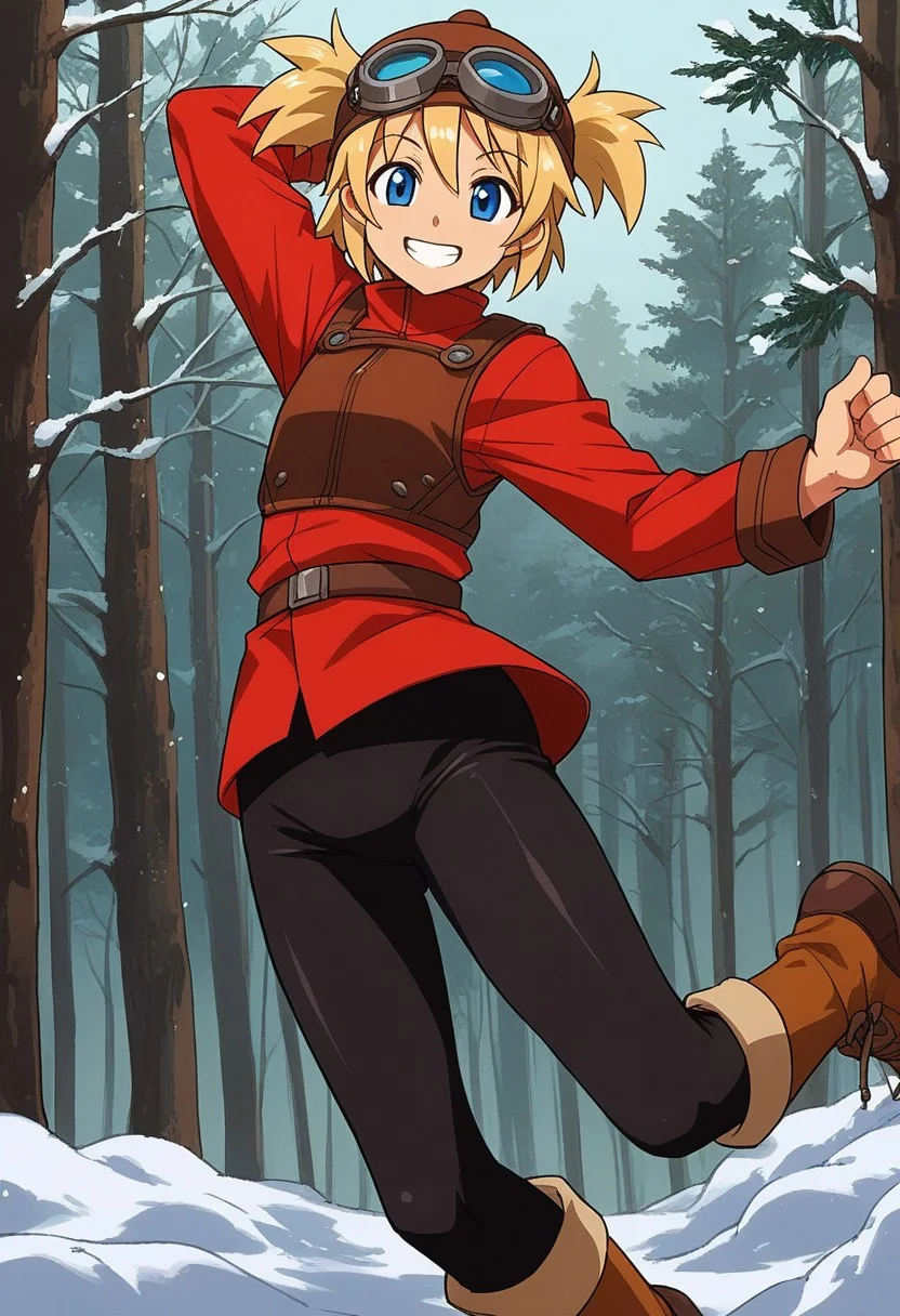score_9, score_7_up, source_anime, BREAK solo, Pratty, blue eyes, short hair, light blonde, short twintails, hair through headwear, goggles, brown headwear, red shirt, short over long sleeves, black long sleeves, red skirt, black pantyhose, leather breastplate, brown footwear, smile, cold forest, taiga, snow, stretching, flashing smile,