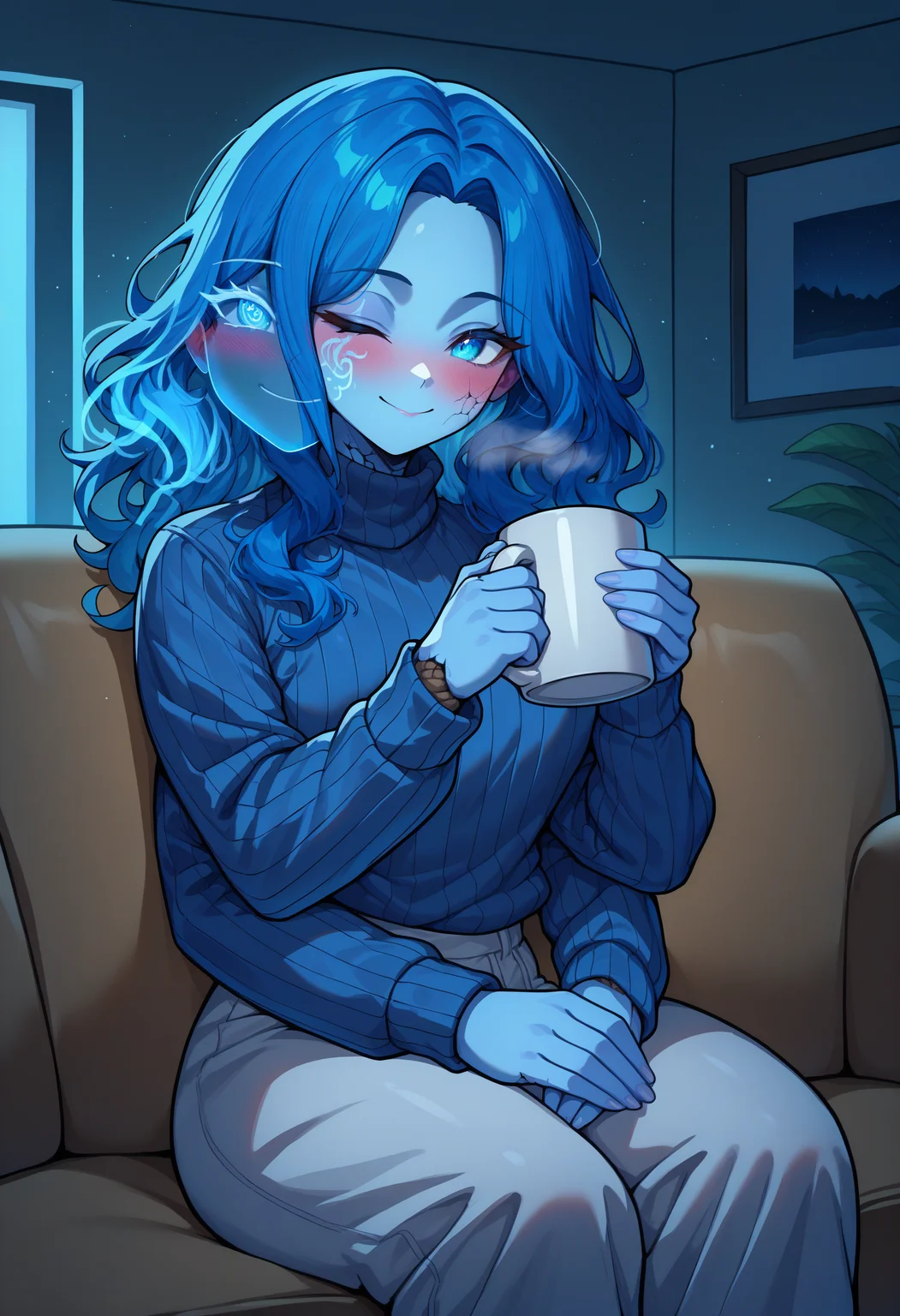 masterpiece, best quality, newest, absurdres, highres, 1girl, RnnDef, blue eyes, one eye closed, blue hair, wavy hair, (4 arms), extra faces, ghost face, facial tattoo, glowing tattoo, blue skin, colored skin, cracked skin, doll joints, <lora:Ranni_illusXLNoobAI_Incrs_v1-000012:1>, sitting, couch, indoors, holding cup, coffe, warm, turtleneck sweater, winter, blush, smile, baggy pants,