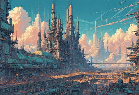 centuries into the future, an imaginative fantastic scifi manufacturing facility for spacecrafts, a bright, cloudscape, clean lines, flat colors, implied height, whimsical,