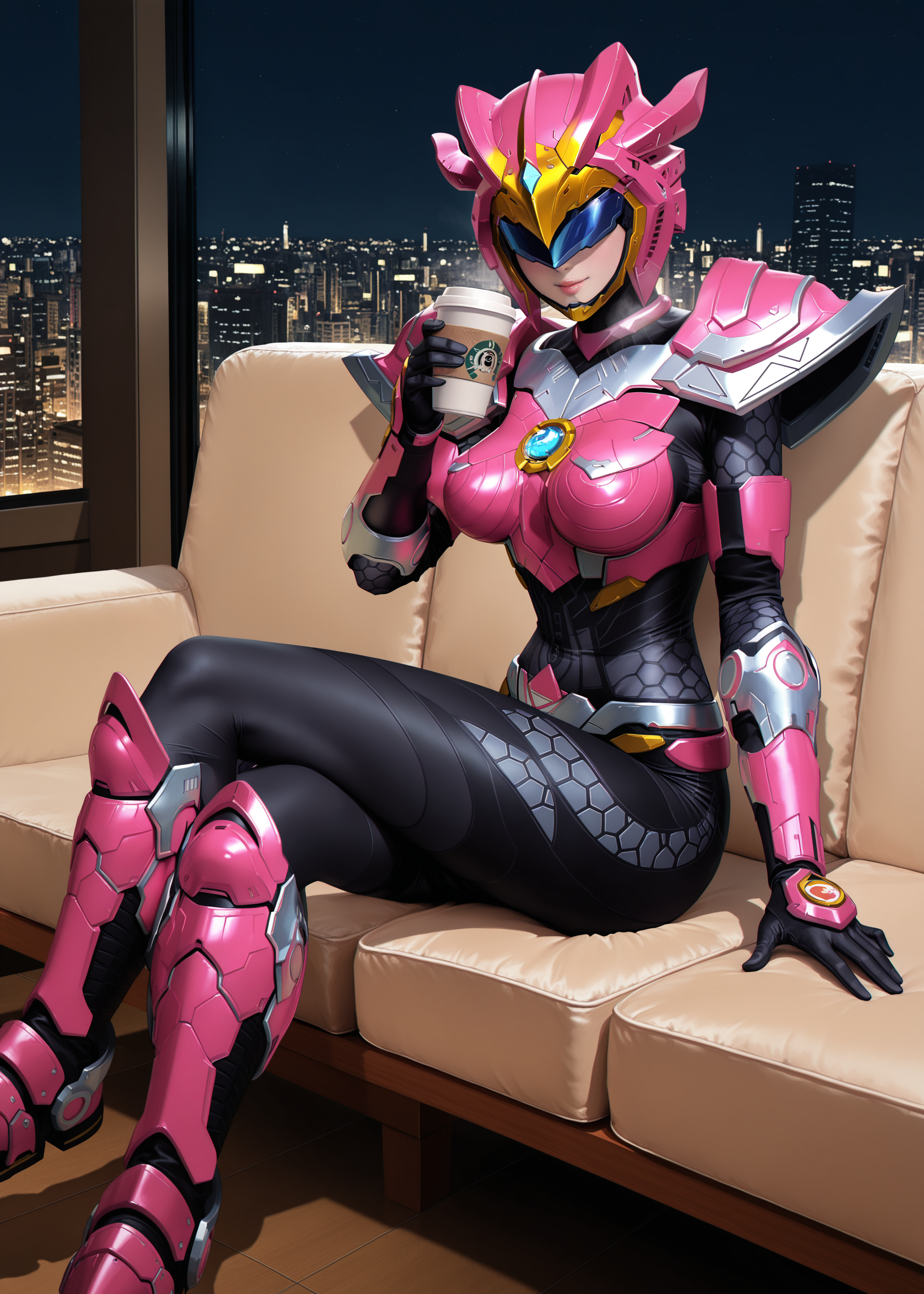 masterpiece, best quality, good quality, very aesthetic, absurdres, newest, 8K, anime screencap, detailed background, offical art, very aesthetics of fine arts, <lora:spo_sdxl_10ep_4k-data_lora_webui:1>, embedding:IllusP0s, embedding:Smooth Quality, 
<lora:TIANYU_IL:1>, tianyu/(ultra beast force/), 1girl, solo, helmet, covered eyes, lips, power armor, power boots, black bodysuit, medium breasts, chest jewel, tokusatsu, <lora:handPatchUnet:1>, detailed_hands, elegant_fingers, (cute:1.2), (sexy:1.2), Enchanting Eyes, balanced figure, looking at viewer, from side, sitting on chair,holding disposable cup, coffee, crossed legs, sofa, cityscape, night,
