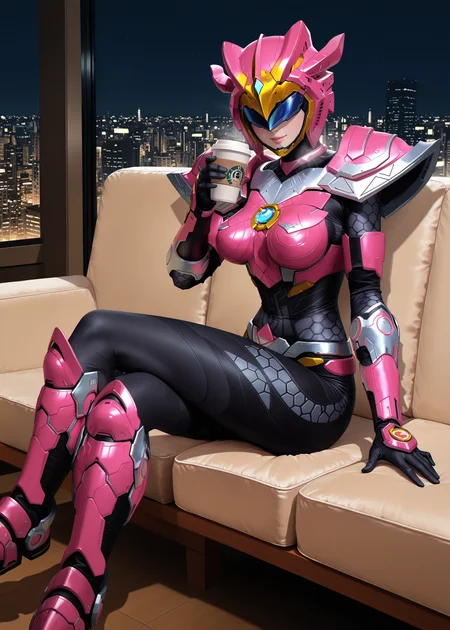 masterpiece, best quality, good quality, very aesthetic, absurdres, newest, 8K, anime screencap, detailed background, offical art, very aesthetics of fine arts, <lora:spo_sdxl_10ep_4k-data_lora_webui:1>, embedding:IllusP0s, embedding:Smooth Quality, 
<lora:TIANYU_IL:1>, tianyu/(ultra beast force/), 1girl, solo, helmet, covered eyes, lips, power armor, power boots, black bodysuit, medium breasts, chest jewel, tokusatsu, <lora:handPatchUnet:1>, detailed_hands, elegant_fingers, (cute:1.2), (sexy:1.2), Enchanting Eyes, balanced figure, looking at viewer, from side, sitting on chair,holding disposable cup, coffee, crossed legs, sofa, cityscape, night,