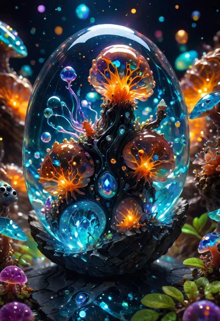 a tiny microverse inside an opal marble, tiny organisms, unexplored ecosystem, cute small critters, sparks