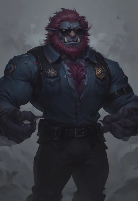 score_9 up, score_8 up, score_7up, solo, 
Trundle, purple skin, red hair, pink nose, tusks, facial hair, dark blue jacket, black pants, black gloves, long sleeves, 3 fingers, police badge, belt, chest strap, sunglasses, unimpressed expression,
office, waist up,
broad shoulders, wide chest, tall, muscular, big hands