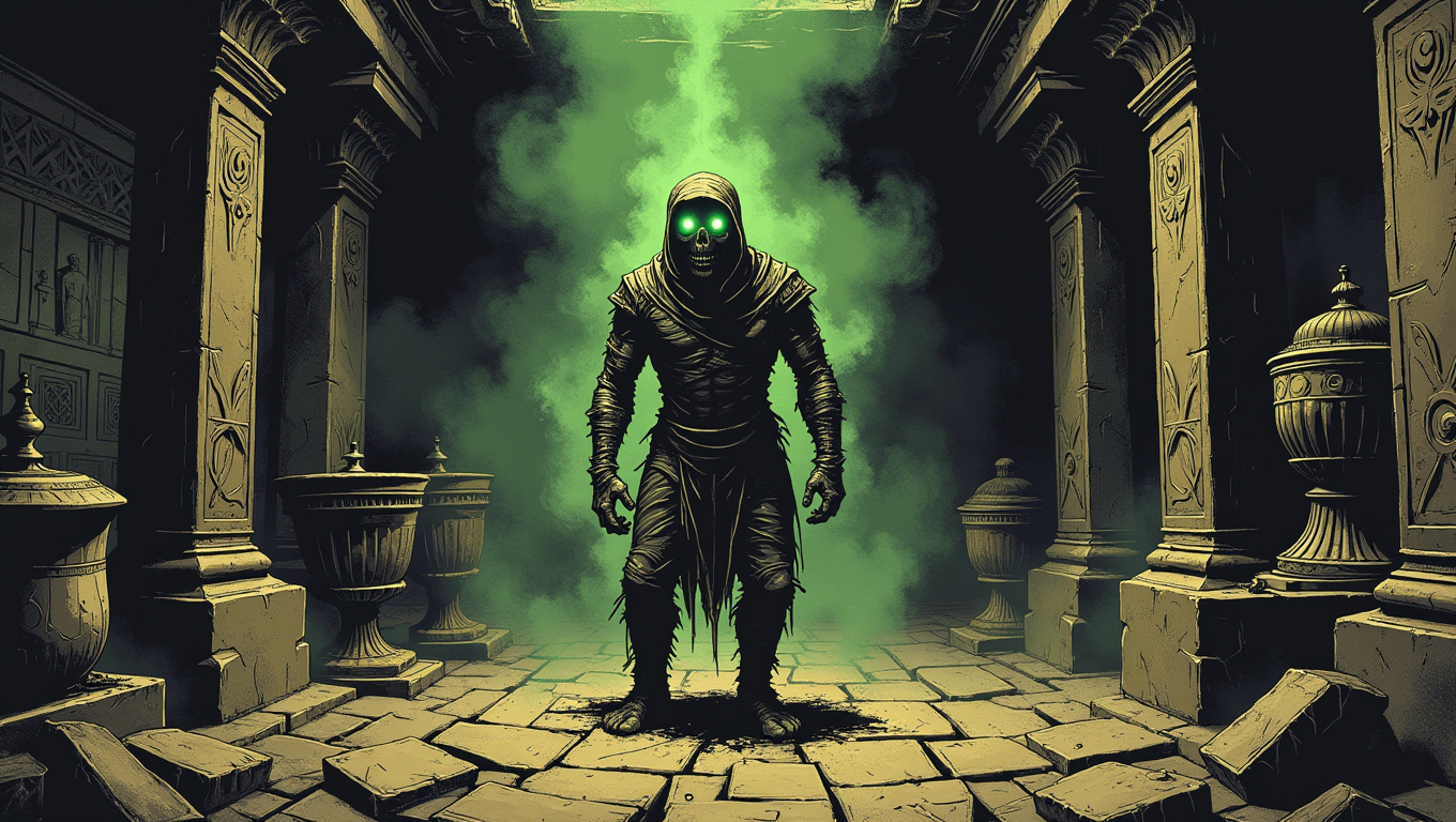 d4rkc0mic .  A spine-chilling scene of a mummy's curse being unleashed in an ancient tomb. The tomb is filled with intricate carvings, sarcophagi, and ancient relics. The mummy, wrapped in decaying bandages, , its eyes glowing with an eerie green light. The air is thick with dust, and the walls seem to close in as the curse takes hold. The style is atmospheric and unsettling, capturing the ancient horror and supernatural power of the mummy's curse
  <lora:dark-comic:0.8>