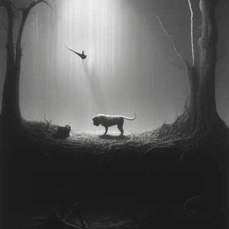 A dog eating spaghetti, surreal, polish horror, piotr-jablonski