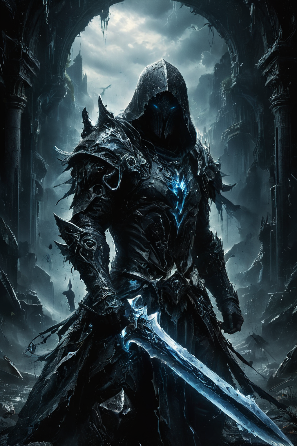 A dark and mysterious warrior stands amidst a stormy landscape, clad in tattered, hooded armor that exudes a menacing aura. The warrior holds a large, glowing blue sword crackling with energy, which illuminates the surrounding darkness. Lightning bolts strike the sky behind the figure, casting dramatic light and shadows. The rain pours down heavily, adding to the intense atmosphere. The overall scene is highly detailed, capturing the eerie and powerful presence of the warrior. The background features ruins and rocky terrain, enhancing the post-apocalyptic, fantasy setting. rain, raining, Assassin's Creed style, (fog, cloak, light blue neon:1.3), 
<lora:zavy-cntrst-sdxl:0.85> dark, chiaroscuro, low-key,
<lora:WildcardX-XL-Detail-Enhancer:0.6>,
<lora:glowneon_xl_v1:0.5> glowneon, glowing, sparks,
<lora:XL_Weapon_Sword_-_By_HailoKnight_2:0.6> Wielding sword,
<lora:The_Dark_Side_Of_The_Future:0.6>,