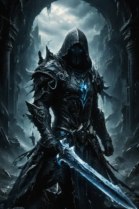 A dark and mysterious warrior stands amidst a stormy landscape, clad in tattered, hooded armor that exudes a menacing aura. The warrior holds a large, glowing blue sword crackling with energy, which illuminates the surrounding darkness. Lightning bolts strike the sky behind the figure, casting dramatic light and shadows. The rain pours down heavily, adding to the intense atmosphere. The overall scene is highly detailed, capturing the eerie and powerful presence of the warrior. The background features ruins and rocky terrain, enhancing the post-apocalyptic, fantasy setting. rain, raining, Assassin's Creed style, (fog, cloak, light blue neon:1.3), 
<lora:zavy-cntrst-sdxl:0.85> dark, chiaroscuro, low-key,
<lora:WildcardX-XL-Detail-Enhancer:0.6>,
<lora:glowneon_xl_v1:0.5> glowneon, glowing, sparks,
<lora:XL_Weapon_Sword_-_By_HailoKnight_2:0.6> Wielding sword,
<lora:The_Dark_Side_Of_The_Future:0.6>,
