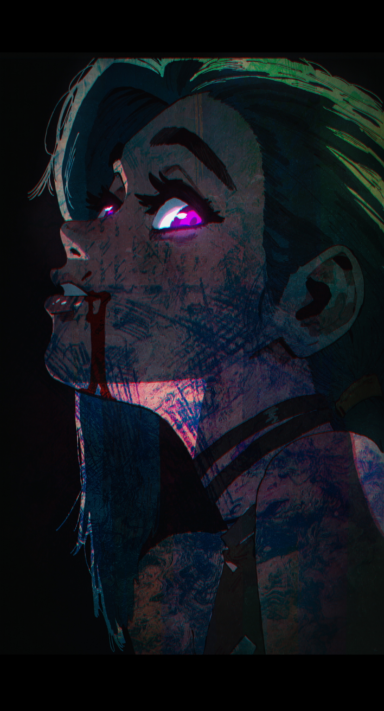 1girl,  arcane jinx, arcane: league of legends,   (by  kaneoya sachiko, by
maki keigo, by thus0thus
:1.2), 
 aegyo sal,   (profile, from side, sideways glance,  portrait:1.2), upper body, nose, lips, half-closed eyes, yandere, blood splatter on face,  blood from mouth, (glowing purple eyes:1.2), closed mouth, parted lips, 
dark theme, dark room, 
,masterpiece, highres, greatscore, absurdres,