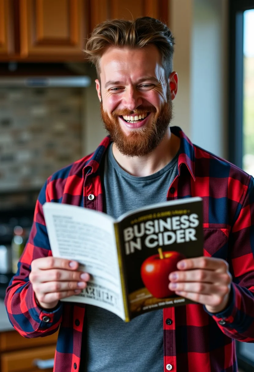 A happy Midwesterner wearing a flannel shirt reads the latest issue of a magazine with text "Business In Cider". The magazine has a picture of an apple. Magazine cover in focus, perfectly clear text, legible clear text.