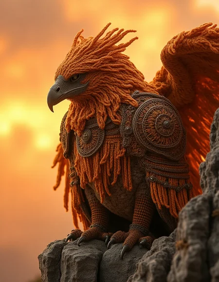 Illustrate a griffin wearing ral-kntarmr in warm copper and burnt orange hues, with detailed crochet patterns resembling feathers. The armor covers its chest, talons, and parts of its wings, while intricate embroidery runs along its edges. The griffin perches on a jagged cliff, illuminated by the amber glow of a setting sun.
<lora:ral-kntarmr-flux:1>
