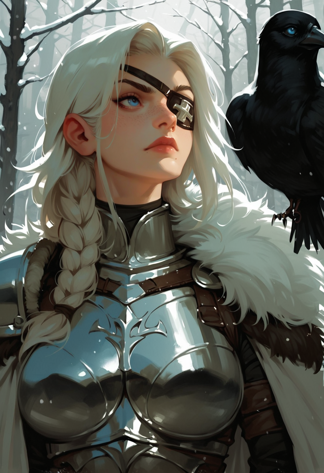 1girl, white armor, raven, jewelry, , blonde hair, breastplate, long hair, , upper body, freckles, , cape, signature, fur trim,  artist name, animal, nose, solo, plate armor, mole under mouth, closed mouth, gorget, shoulder armor, (eyepatch:1.2), white hair, winter, single braid, Viking, tribal tattoo, snow, large breasts, white cape, 2 black bird, blue eyes, odin, depth of field, dynamic lighting, forest, leather, expressionless, long hair, looking to the side,, zPDXL3, detailxl,  Score_PnyReal, (lineless:1.5)