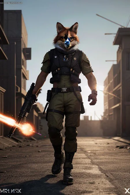 Red fox head reimagined as a Destiny game character, air force uniform, manly, at midday, deep focus, angry, walking in bombed out city holding a laser cannon (X symbol:1.11), Lens Flare, extremely hyper aesthetic, (sfw) <lora:picxer_real:0.5>, epic realistic, hyperdetailed, (cycles render:1.3), caustics, (glossy:0.58), (artstation:0.82), (intricate details:0.9), (hdr, hyperdetailed:1.2)