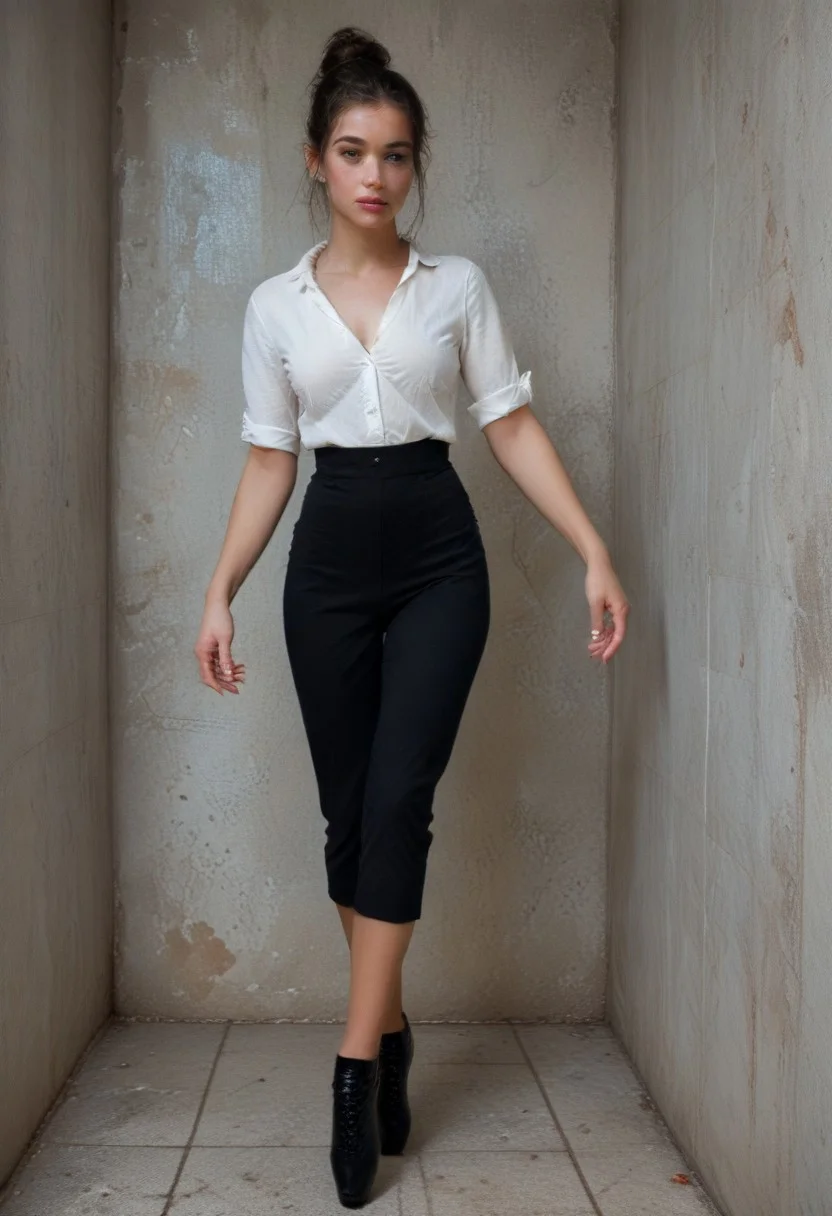 <lora:d3t41l3dXLP:0.9> <lora:1dkXLP:0.4> <lora:officialpit_v2-8:0.3><lora:add-detail-xl:1.1><lora:Model_2:0.25><lora:princess_xl_v2:0.2><lora:ballet-boots_v0009-000030:1.0> score_9, score_8_up, score_7_up, high quality, (realistic:1.1), (1girl:1.1), (walking:1.1), pretty eyes, looking to the side, angular face, hair bun, large breasts, tiny waist, (slim:1.2), long legs, pale skin, black office attire, (ballet-boots:1.1) pumps, BREAK, large dark room, drab concrete, dim lighting, (plants:0.8), tile floor, (wide shot:1.1)
