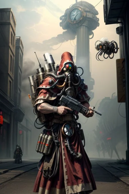 ((masterpiece,best quality)), absurdres, BREAK
mechanical arms, robes, hood, BREAK
((techpriest)), cyborg, mechanical face, mechanical limbs, gas mask, mechanical tentacles, (mechanical backpack), BREAK
1other, solo, holding pistol, firearm, handgun, pistol, gun, BREAK
factory background, smoggy sky, air pollution, smokestacks, BREAK