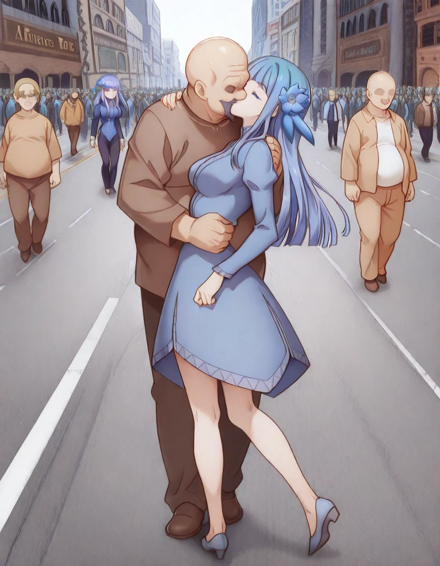 masterpiece, best quality, amazing quality,, <lora:mabel-rayveil-s1-illustriousxl-lora-nochekaiser:1>, mabel rayveil, long hair, bangs, blue eyes, hair ornament, blue hair, flower, hair flower, blunt bangs, mature female, medium breasts, anime screencap, <lora:v-j-day-in-times-square-illustriousxl-lora-nochekaiser:1>, v-j day in times square, outdoors, walking, city, road, street, crowd, crowd, people, crosswalks, hetero, solo focus, full body, closed eyes, couple, kiss,, <lora:faceless-ugly-man-illustriousxl-lora-nochekaiser:1>, faceless ugly man, faceless, ugly man, faceless male, fat man, bald, mature male,, <lora:transparent-background-illustriousxl-lora-nochekaiser:1>, transparent background, simple background, white background