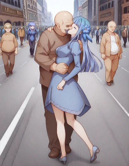 masterpiece, best quality, amazing quality,, <lora:mabel-rayveil-s1-illustriousxl-lora-nochekaiser:1>, mabel rayveil, long hair, bangs, blue eyes, hair ornament, blue hair, flower, hair flower, blunt bangs, mature female, medium breasts, anime screencap, <lora:v-j-day-in-times-square-illustriousxl-lora-nochekaiser:1>, v-j day in times square, outdoors, walking, city, road, street, crowd, crowd, people, crosswalks, hetero, solo focus, full body, closed eyes, couple, kiss,, <lora:faceless-ugly-man-illustriousxl-lora-nochekaiser:1>, faceless ugly man, faceless, ugly man, faceless male, fat man, bald, mature male,, <lora:transparent-background-illustriousxl-lora-nochekaiser:1>, transparent background, simple background, white background
