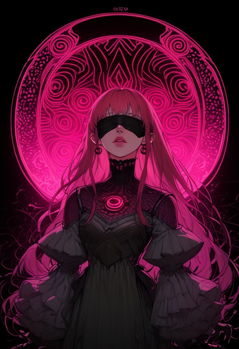 score_9, score_8_up,score_7_up, score_6_up, score_5_up, score_4_up, perfect body, perfect anatomy,
cyber paladin , perfect body, neon hair, long hair, fringe, blind fold ,
Line art 0.4, background colorful