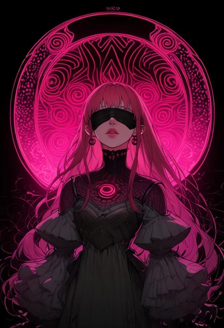 score_9, score_8_up,score_7_up, score_6_up, score_5_up, score_4_up, perfect body, perfect anatomy,
cyber paladin , perfect body, neon hair, long hair, fringe, blind fold ,
Line art 0.4, background colorful