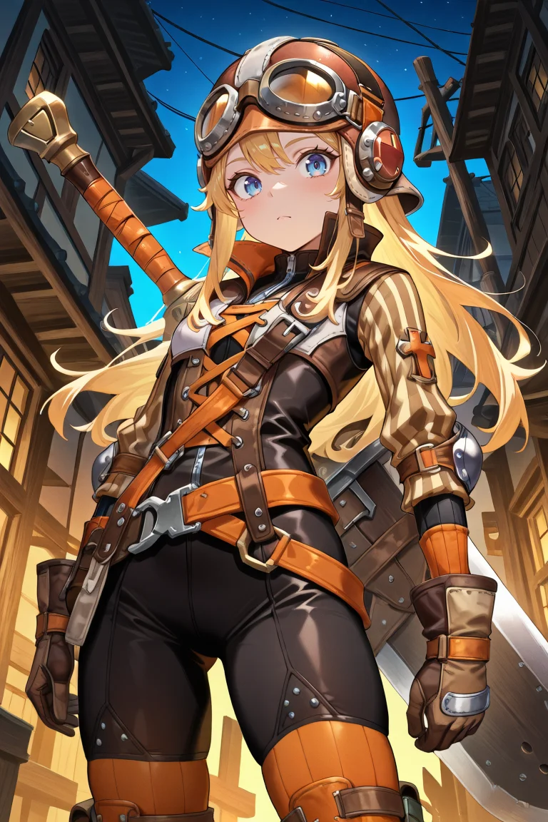 masterpiece, very aesthetic, absurdres, best quality, amazing quality, high resolution, <lora:illustrious_quality_modifiers_masterpieces_v1:0.8> , <lora:ChamIllustriousBackgroundEnhancer:0.5>,  solo   <lora:InzaghiIL:0.8> , InzDef, 1boy, blonde hair, sidelocks, long hair, blue eyes, goggles, goggles on head, goggles on headwear, helmet, armor, elbow pads, orange straps, popped collar, layered shirt, cross-laced top, black bodysuit, bodysuit under clothes, striped sleeves, long sleeves, orange thighhighs, gloves, brown gloves, huge weapon, sword, sheathed, sword on back, looking at viewer, from below, imposing, night, exterior, cowboy shot,