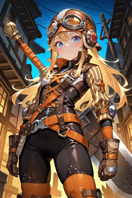 masterpiece, very aesthetic, absurdres, best quality, amazing quality, high resolution, <lora:illustrious_quality_modifiers_masterpieces_v1:0.8> , <lora:ChamIllustriousBackgroundEnhancer:0.5>,  solo   <lora:InzaghiIL:0.8> , InzDef, 1boy, blonde hair, sidelocks, long hair, blue eyes, goggles, goggles on head, goggles on headwear, helmet, armor, elbow pads, orange straps, popped collar, layered shirt, cross-laced top, black bodysuit, bodysuit under clothes, striped sleeves, long sleeves, orange thighhighs, gloves, brown gloves, huge weapon, sword, sheathed, sword on back, looking at viewer, from below, imposing, night, exterior, cowboy shot,