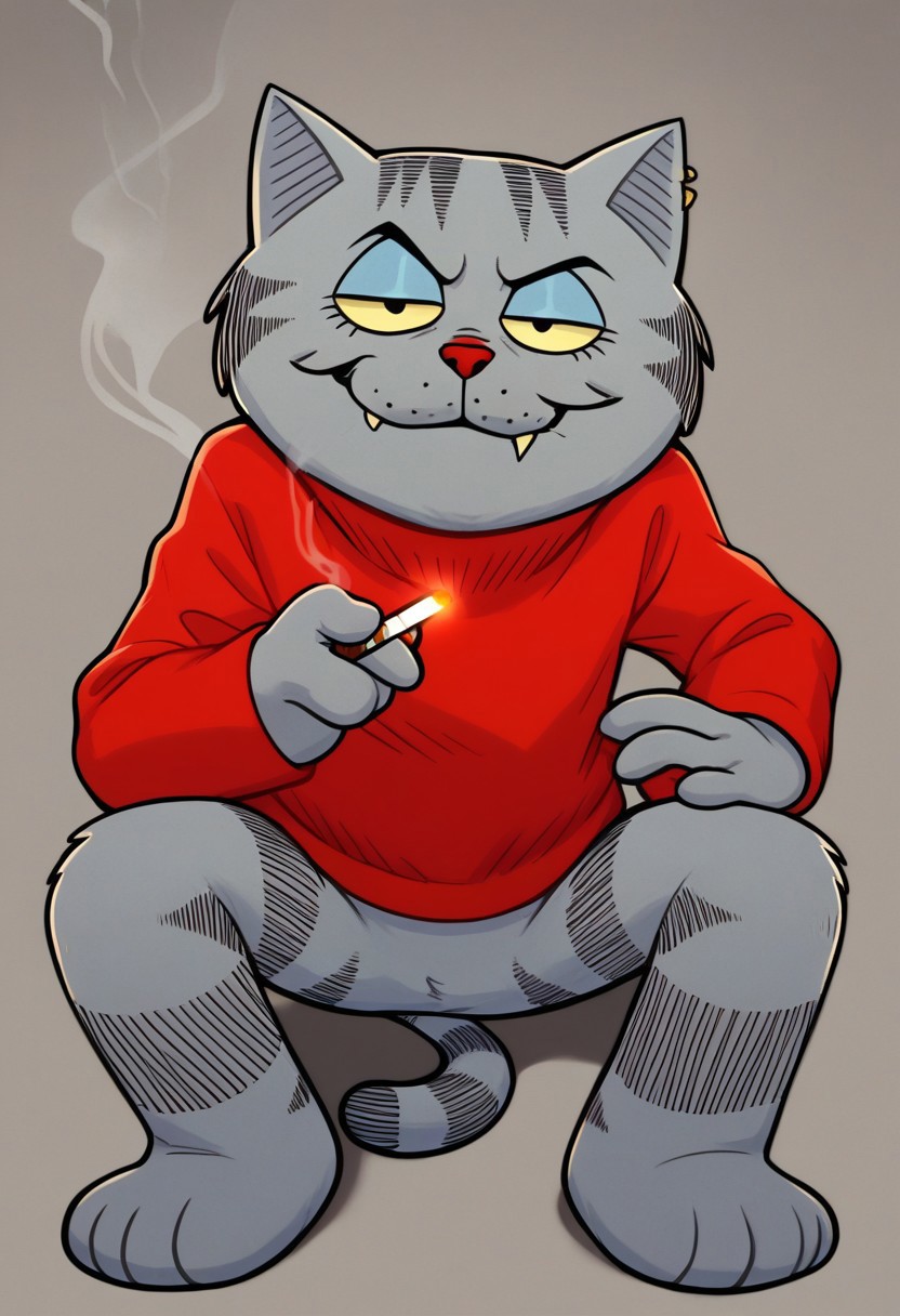 score_7, 1boy, furry, feline, fritz the cat, gray fur, red sweater, smoking cigarette, smug face, looking at viewer