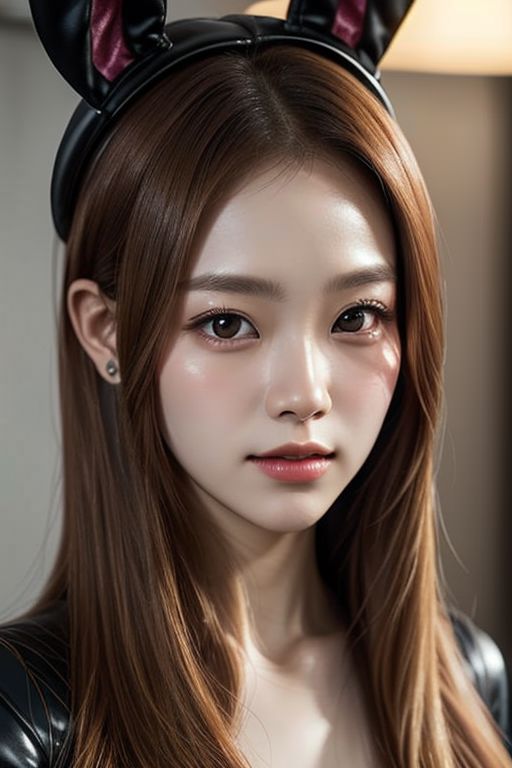 Kim Ji-soo, known mononymously as Jisoo, is a South Korean singer and actress. She is a member of the South Korean girl group Blackpink, (RAW photo, best quality), (realistic, photo-realistic:1.3), best quality ,masterpiece, an extremely delicate and beautiful, extremely detailed ,CG ,unity ,2k wallpaper, Amazing, finely detail, masterpiece, light smile, best quality, extremely detailed CG unity 8k wallpaper, huge filesize , ultra-detailed, highres, extremely detailed, 1girl, full body shot, hair ornament, looking at looking at viewer, light gold hair, black latex costume, ears rabbit hat,