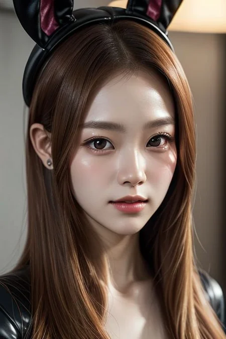 Kim Ji-soo, known mononymously as Jisoo, is a South Korean singer and actress. She is a member of the South Korean girl group Blackpink, (RAW photo, best quality), (realistic, photo-realistic:1.3), best quality ,masterpiece, an extremely delicate and beautiful, extremely detailed ,CG ,unity ,2k wallpaper, Amazing, finely detail, masterpiece, light smile, best quality, extremely detailed CG unity 8k wallpaper, huge filesize , ultra-detailed, highres, extremely detailed, 1girl, full body shot, hair ornament, looking at looking at viewer, light gold hair, black latex costume, ears rabbit hat,