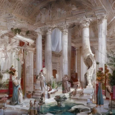 (masterpiece:1.2), (best quality,:1.2), 8k, HDR, ultra detailed, ((photorealistic)), professional light, cinematic lighting, fashion photography, ambient lighting, face lighting, <lora:detail_slider_v4:1>, Fantasy picture, OverallDetail, large ancient roman with a fountain and one statue in the center, RomInt, <lora:RomanInterior-10:1>, epiCPhoto