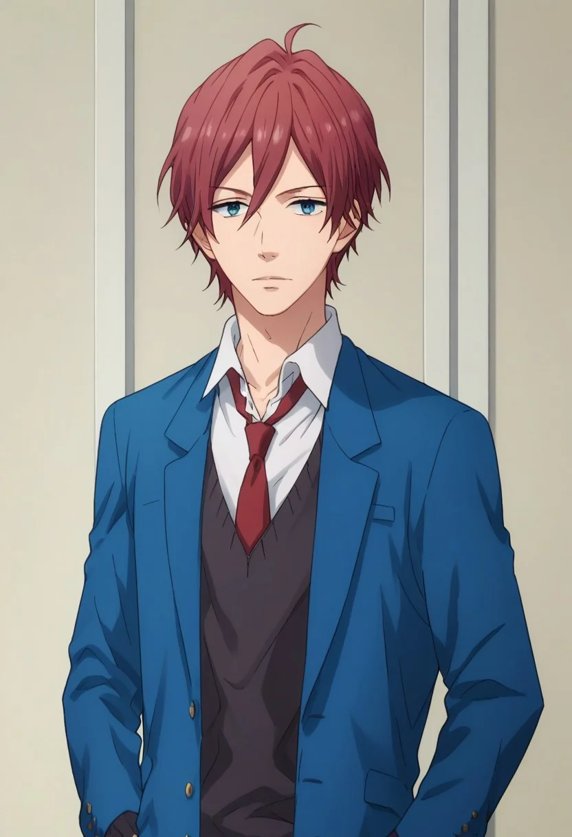 score_9, score_8_up, score_7_up, source_anime, highly detailed,
tomoya, 1boy, solo, male focus, school uniform, necktie, hands on hips, red hair, blue eyes, jacket, blazer, upper body, sweater, black sweater,