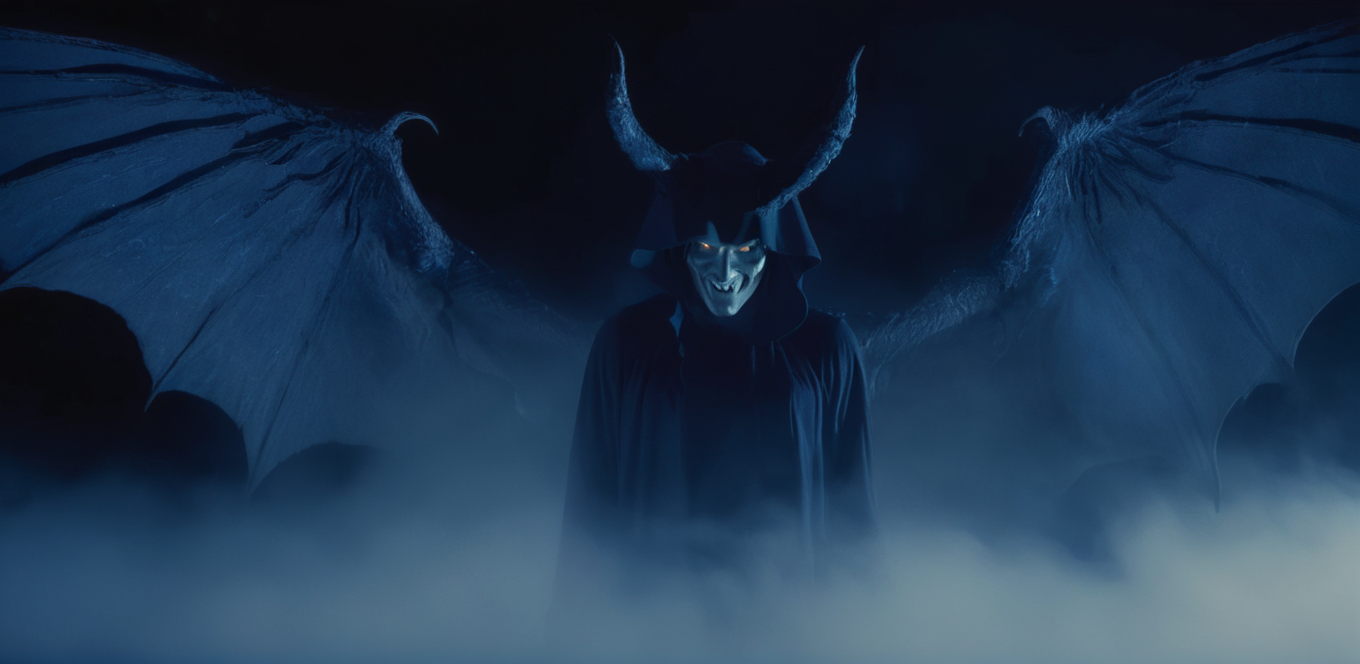 cinematic film still of  <lora:Demon:0.9>
Demon a demonic creature with evil smile glowing eyes and large wings staring at camera in dark blue night with fog and haze in background, shallow depth of field, vignette, highly detailed, high budget, bokeh, cinemascope, moody, epic, gorgeous, film grain, grainy