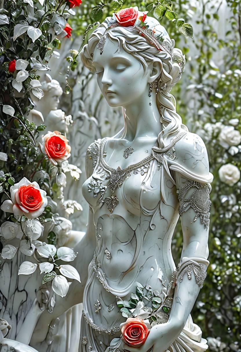 Michelangelo sweaty  girl, full body, marble skin statue, decorated with crystals, marble flora, dynamic pose, in green garden. red rose 
(All in white marble:1.8), (white marble skin:1.6)