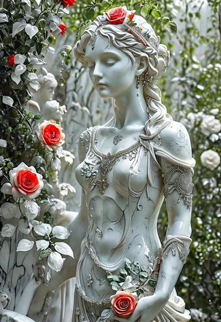 Michelangelo sweaty  girl, full body, marble skin statue, decorated with crystals, marble flora, dynamic pose, in green garden. red rose 
(All in white marble:1.8), (white marble skin:1.6)