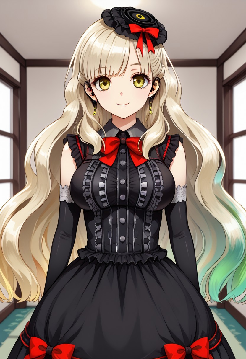 ((living room)), ((looking at viewer)), 1girl, solo, detailed eyes, high definition eyes, eyesHD, high gradient eyes, ((standing)), ((large breasts)), smile, closed mouth, ((Mayu)), very long hair, blonde hair, gradient hair, multicolored hair, ((yellow eyes)), light blonde fades to rainbow hair, black hat, black gothic dress, sleeveless dress, ((medium dress)), elbow gloves, black gloves, red bow, jewelry, earphones, earrings