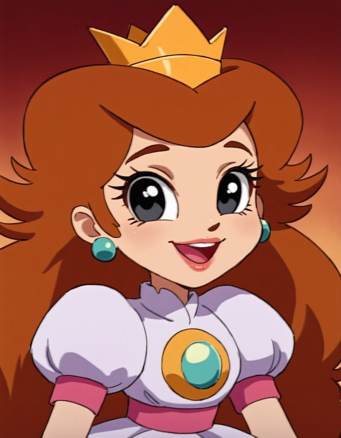 <lora:PrincessToadstoolIllusstrious1.0JLFO:1> princess toadstool, 1girl, long hair, retro artstyle, 1980s \(style\), brown hair, solo, earrings, crown, black eyes, lipstick, lips, makeup, pink dress, puffy sleeves, smile, brooch,upper body, portrait, smile, open mouth, looking at viewer,