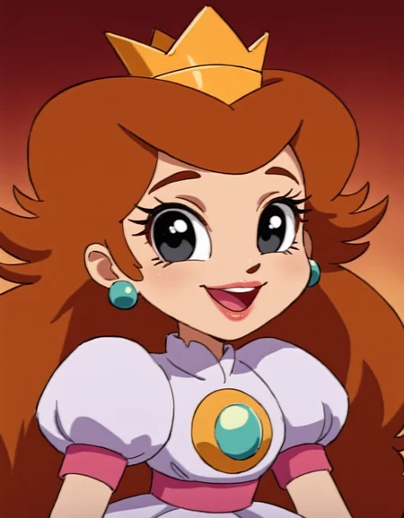 <lora:PrincessToadstoolIllusstrious1.0JLFO:1> princess toadstool, 1girl, long hair, retro artstyle, 1980s \(style\), brown hair, solo, earrings, crown, black eyes, lipstick, lips, makeup, pink dress, puffy sleeves, smile, brooch,upper body, portrait, smile, open mouth, looking at viewer,
