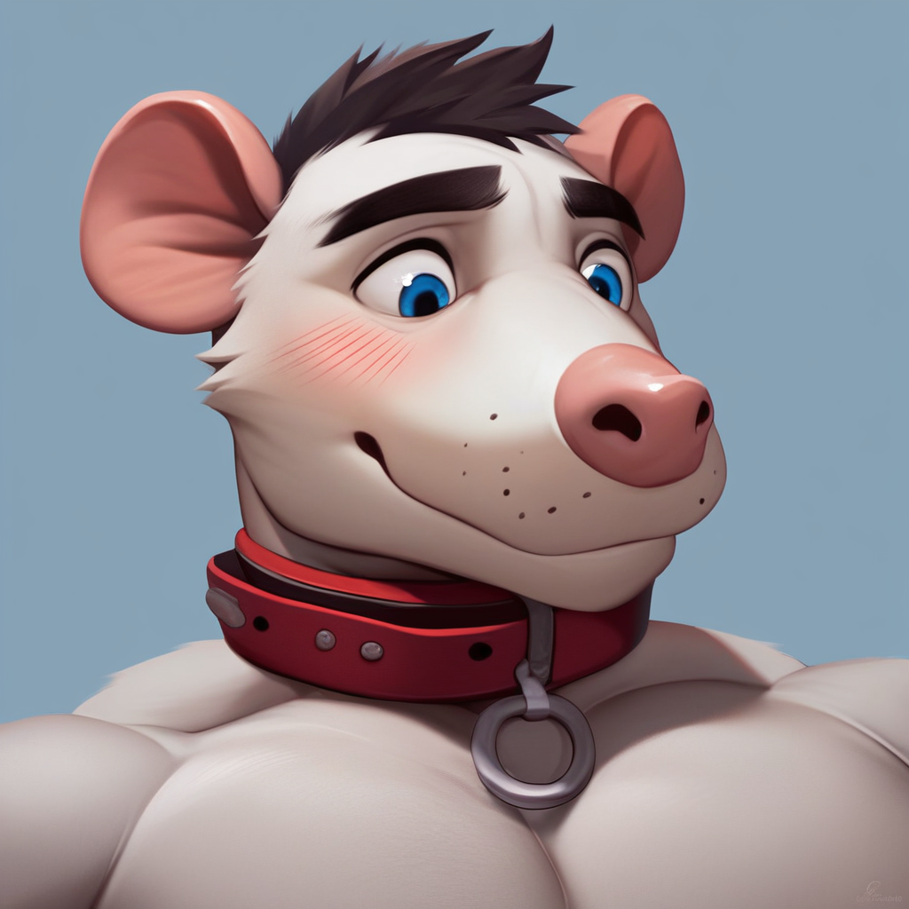 score_9, score_8_up, score_7_up, score_4, score_5, score_6, 2k, 4k, high res, 2d (artwork), cartoon style, no humans, Doggonut, 1boy, solo, head focus, male focus, headshot, large pectorals, collar, shy smile, blushing, looking down, blue eyes, american_opossum, muscular male, bedroom
